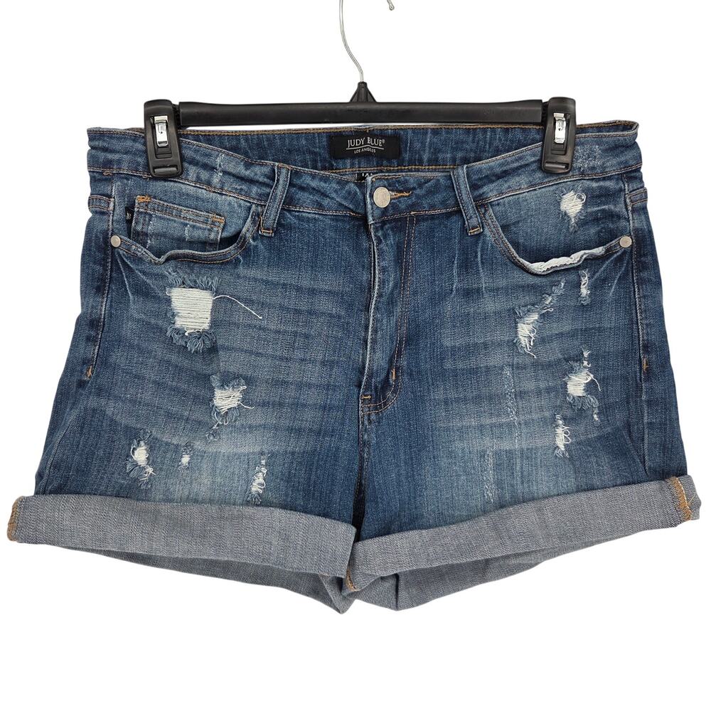 Judy Blue Women's Cuffed Hem Mid Rise Distressed Cotton Denim Shorts 1554 1XL
